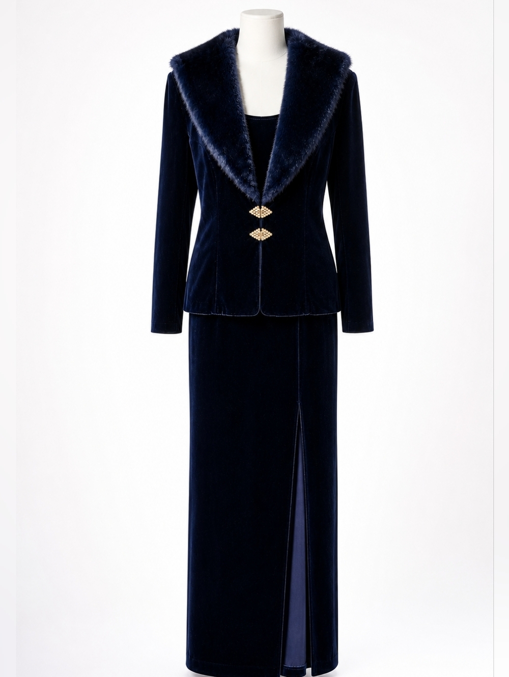 Vintage Navy Blue Velvet Maxi Dress & Fur Trimmed Jacket Sz L Glamour Evening